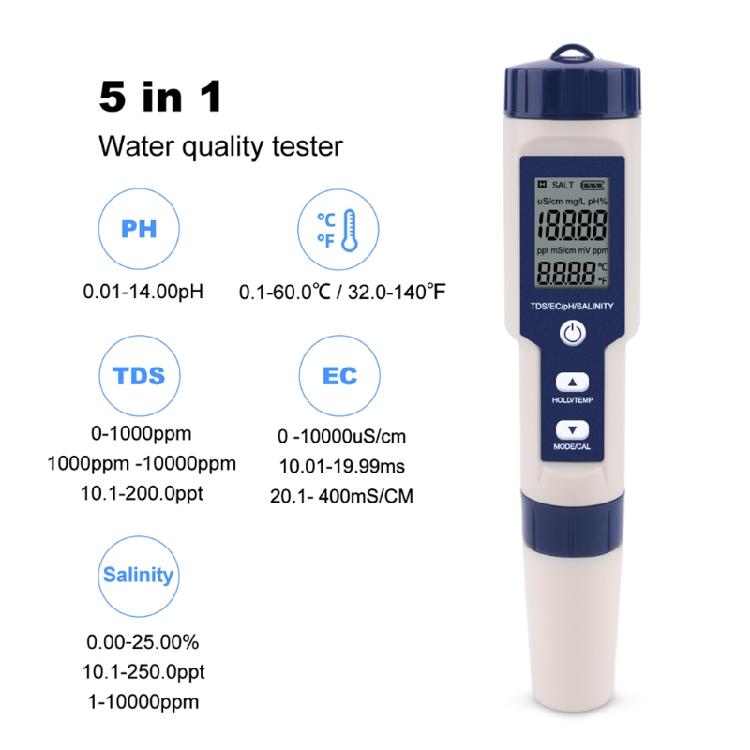 5 in 1 TDS/EC/PH/Salinity/Temperature Water Quality Monitor Tester Hydroponics