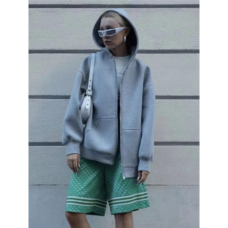 Autumn Women Casual Hooded Jacket Loose Oversize Zipper Hoodie Sweatshirts Solid Coat Office Lady Chic Outwear Tops