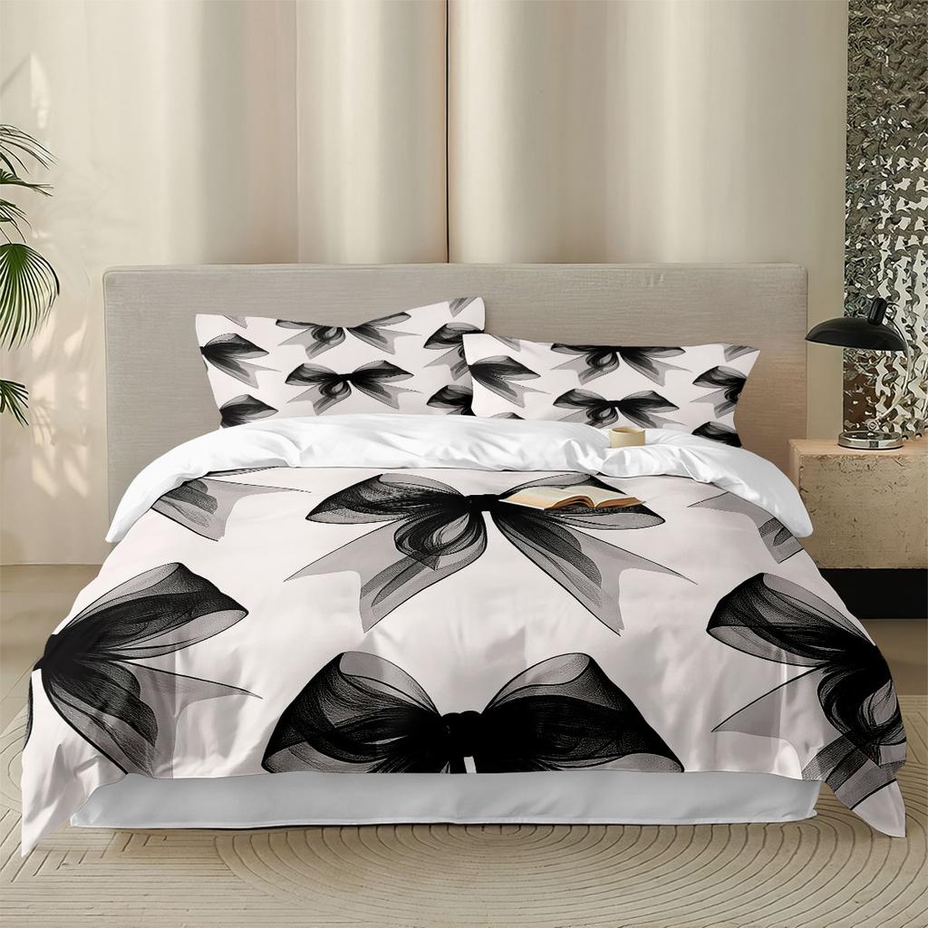 3pcs Cute Black Bow Printed Coreless Duvet Cover Set In Multiple Sizes Comfortable Bedroom Bedding Decoration Machine Washable