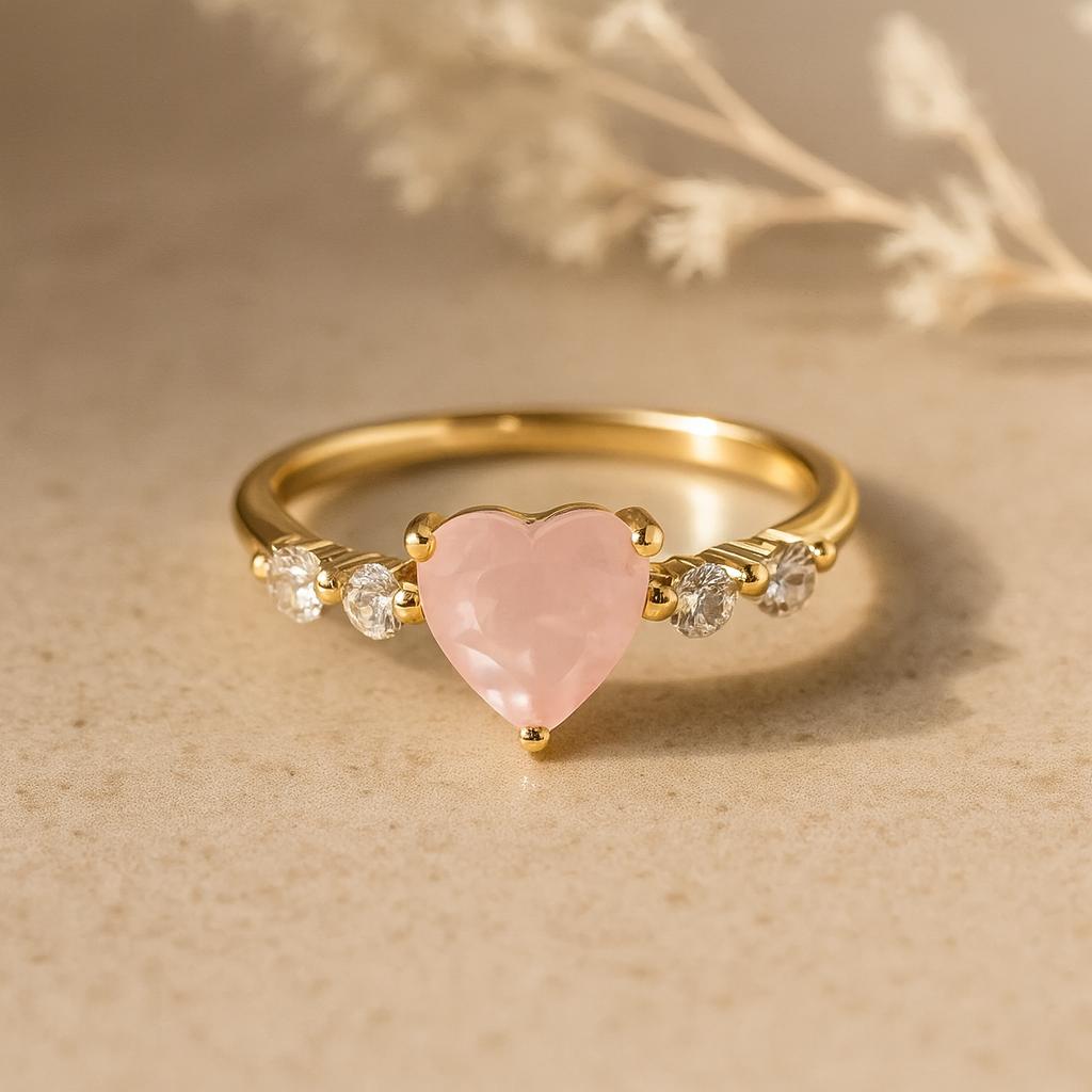 Heart Shape Pink Rose Quartz Stone Gold Plated Ring for Women – Romantic Elegant Jewelry Personalized Rings