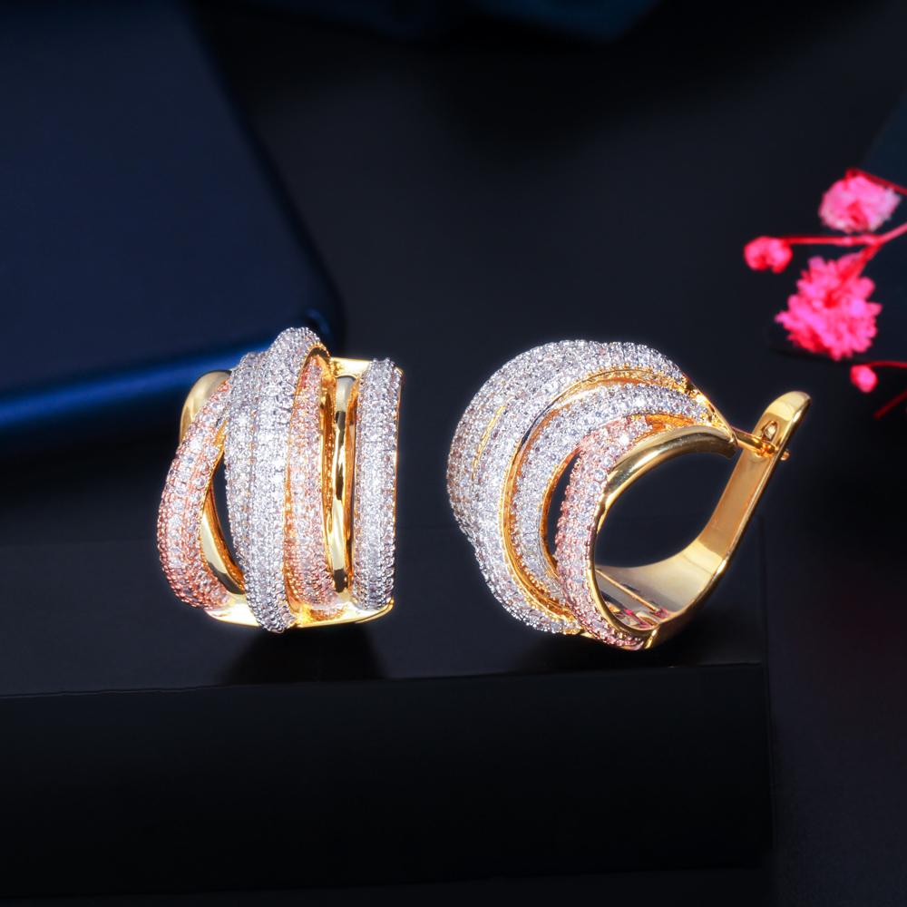 Luxury Twisted Lines Micro Cubic Zirconia Setting European Women Wedding Big Hoop Earrings Dubai Gold Plated Jewelry