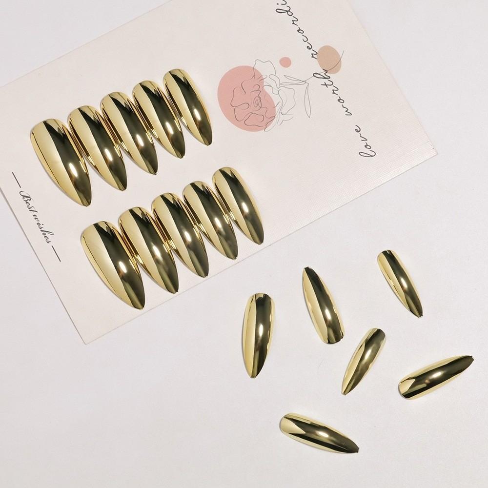 Gold Long Almond Fake Nails Finished Mirror Surface False Nails Detachable Press on Nails Nail Art