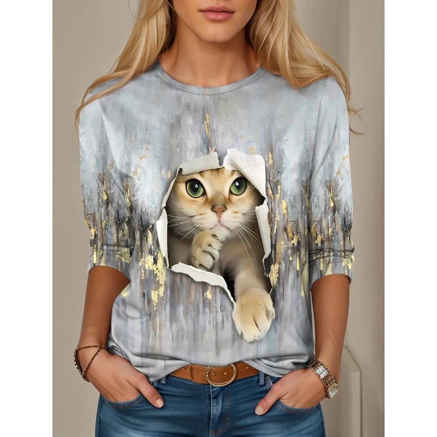New Women's T Shirt 3D Print Kawaii Animal Graphics Long Sleeve Funny Crew Neck Regular Fit Spring/Fall Thin Style Sweatshirt