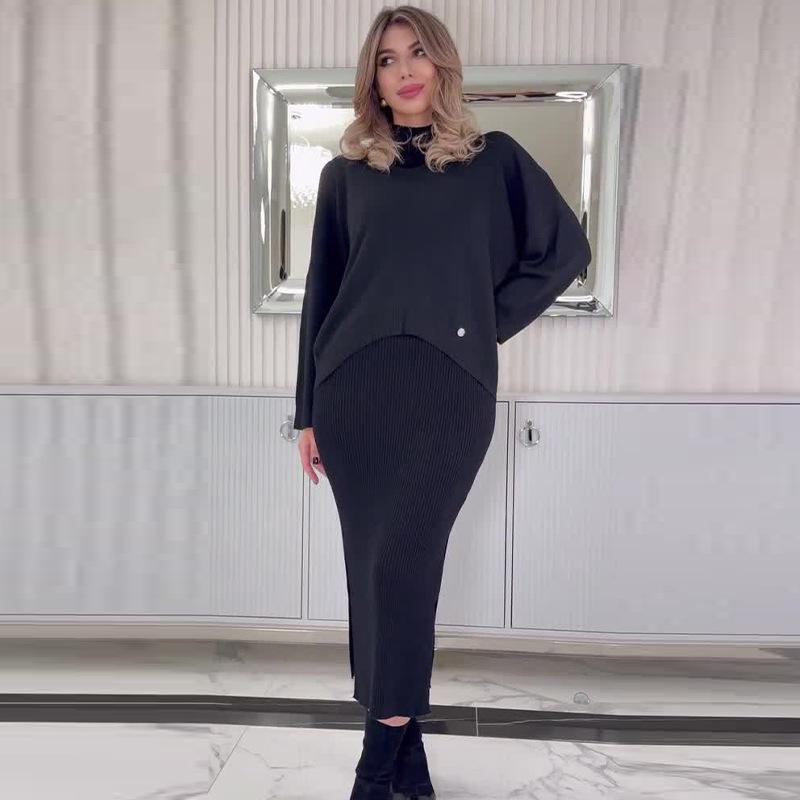 2024 Autumn Women's Solid Color Slim-Fit Knitted Dress & Korean Lazy Style Two-Piece Set