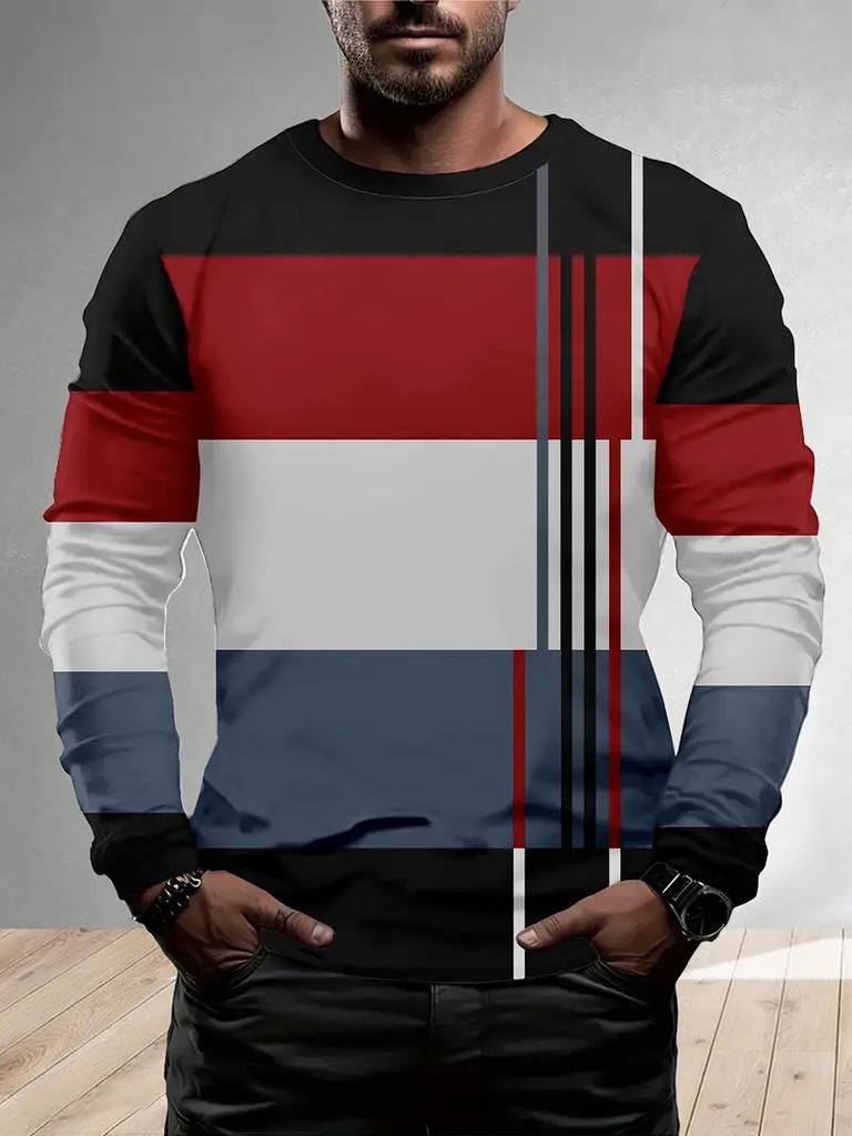 Lässiges 3D-Digitaldruck-Kontrastmuster Herren Langarm-T-Shirt für Frühling und Herbst Outdoor-Bekleidung, bequeme Polyesterfaser