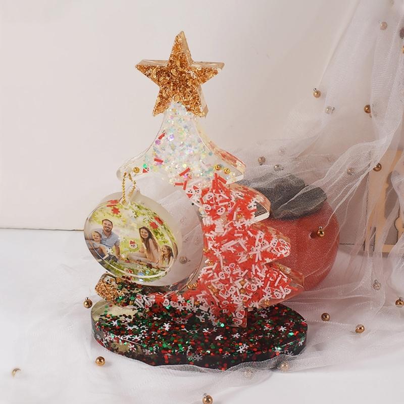 Crystal Epoxy Resin Christmas Tree Picture Frame Set Silicone Mold with Support Base for Resin Crafts Making Supplies