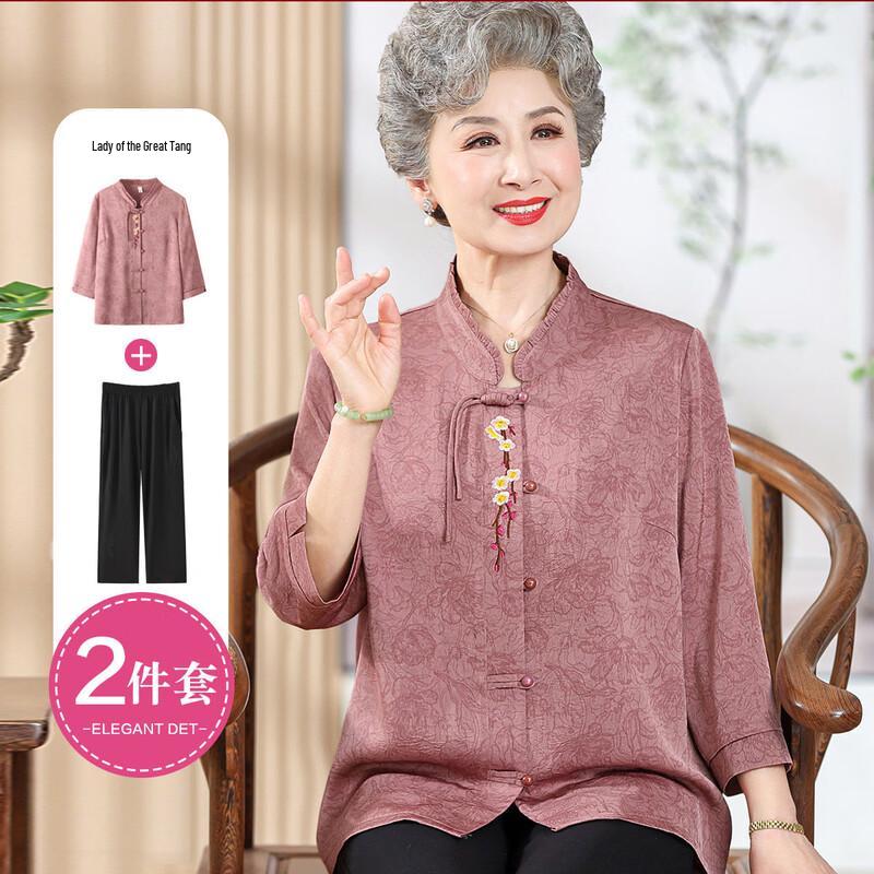 

Elegant Chinese Style Blouse & Cardigan Set for Middle-Aged Women 2XL