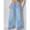 Women's New Rhinestone Washed Jeans, Plus Size Low Waist Loose Button Straight Denim Pants