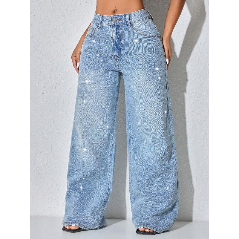 Nuovi Jeans Lavati da Donna con Strass, Taglie Forti Vita Bassa Larghi Bottoni Dritti Pantaloni in Denim