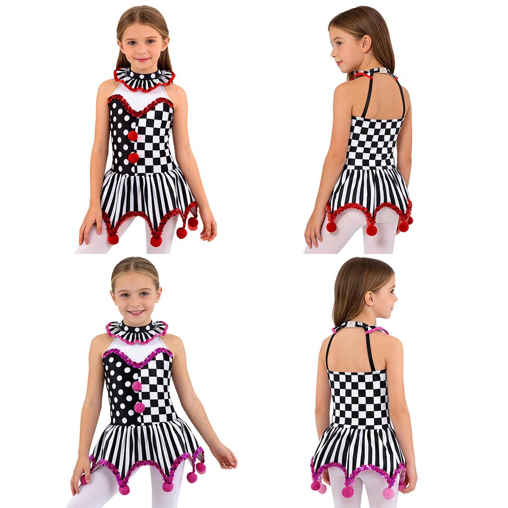 Kids Girls Circus Clown Cosplay Costume Polka Dots Stripes Print Sequins Pompoms Adorned Irregular Hem Dress
