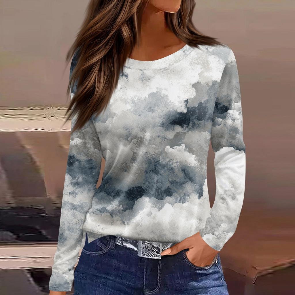 Women's Fashion Hem Slit Casual Floral Print Round Neck Long Sleeve Top