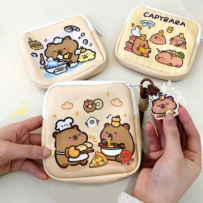 Sac à serviettes hygiéniques Capybara en PU Dessin animé Grande Capacité Portefeuille Multifonctionnel Sac de Rangement pour Rouge à Lèvres