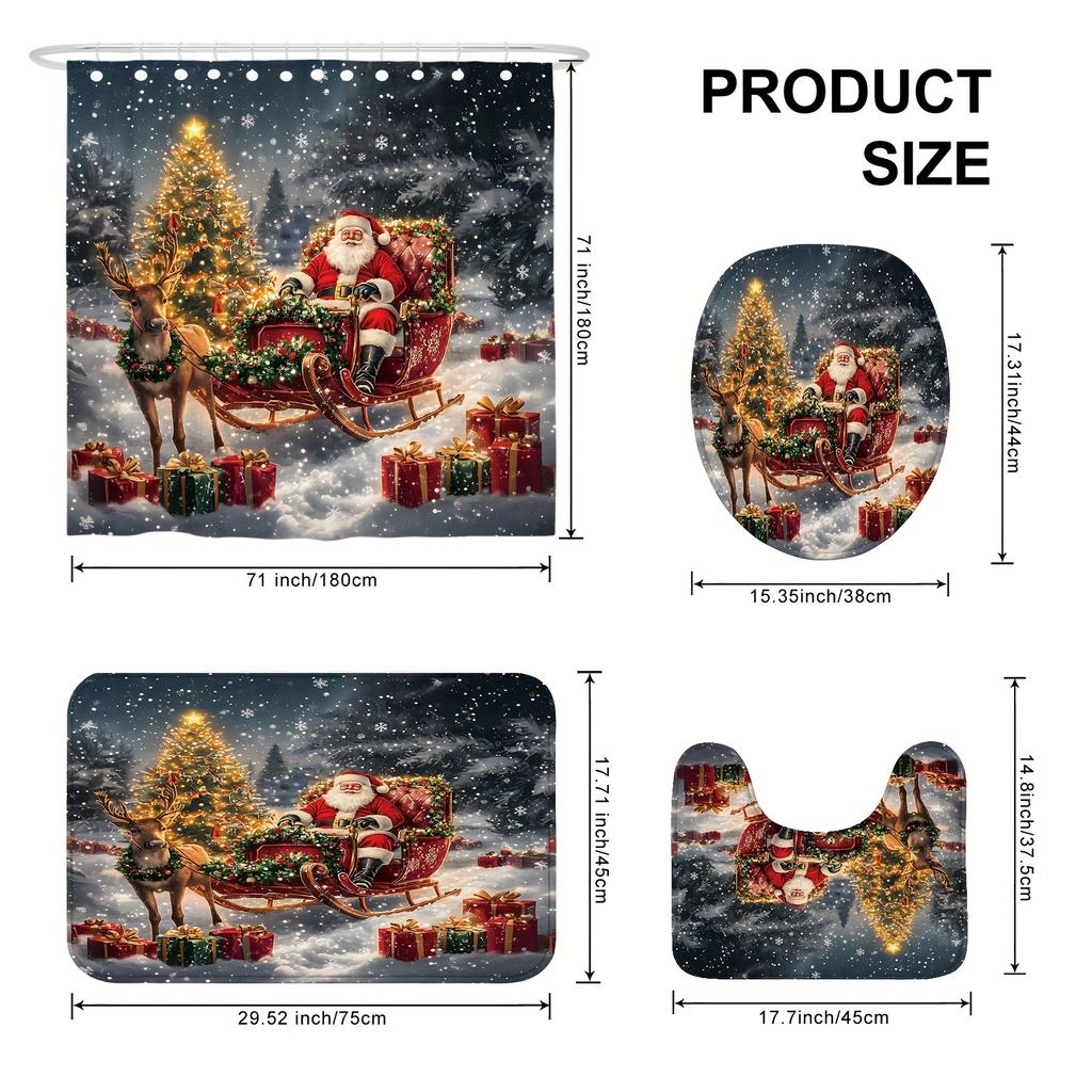 Christmas Winter Bath Curtain Set-Includes Bath Mat, Non-Slip Rug & U-Shaped Toilet Lid Cover,Festive Bathroom Decor For Holiday