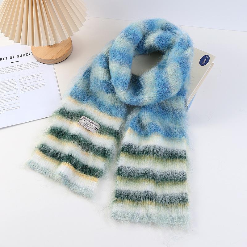 

Thick Woolen Knitted Scarf Autumn Winter Rainbow Color Block Striped Versatile Anti-Cold Shoulder Wrap Scarf