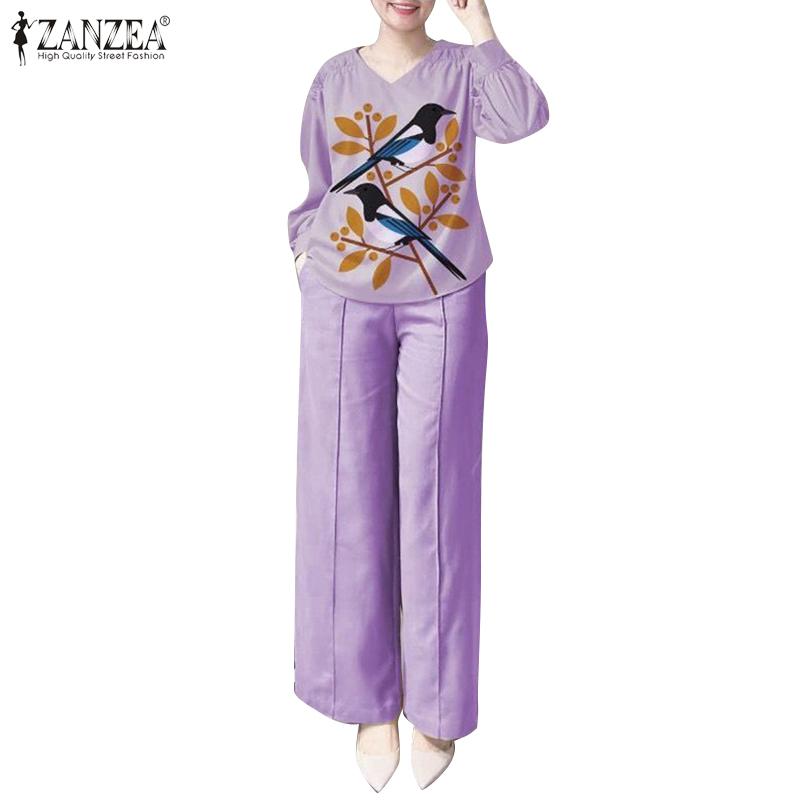 

ZANZEA Женская блузка с цветочным принтом и брюки повседневные комплекты из двух предметов