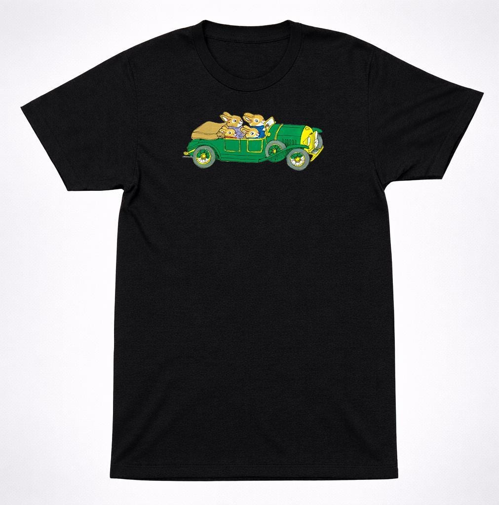 Richard Scarry Rabbit Family Car Shirt Kids Book Cartoon Bunny Car Tee