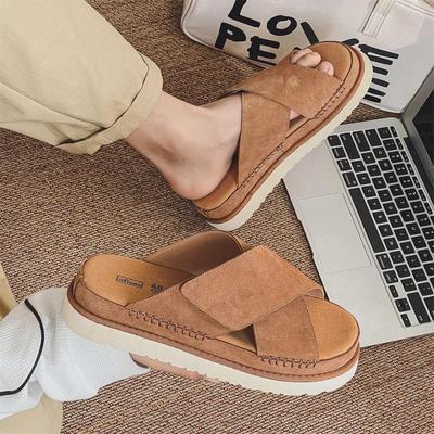 2024 Spring Men's Genuine Leather Height-Boost Cork Slip-On Sandals