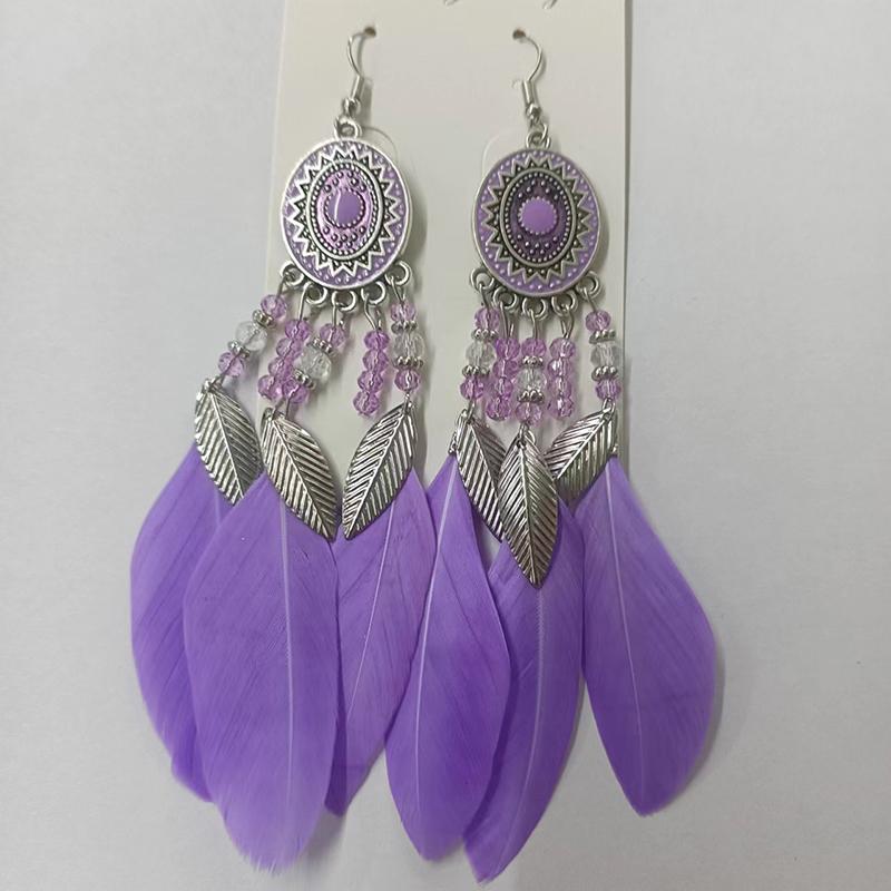 Boho Lange Feder Hängende Ohrringe für Damen Blatt Quaste Kristallperlen Handgefertigt Runde Blume Emaille Hochzeit Braut Schmuck Geschenk