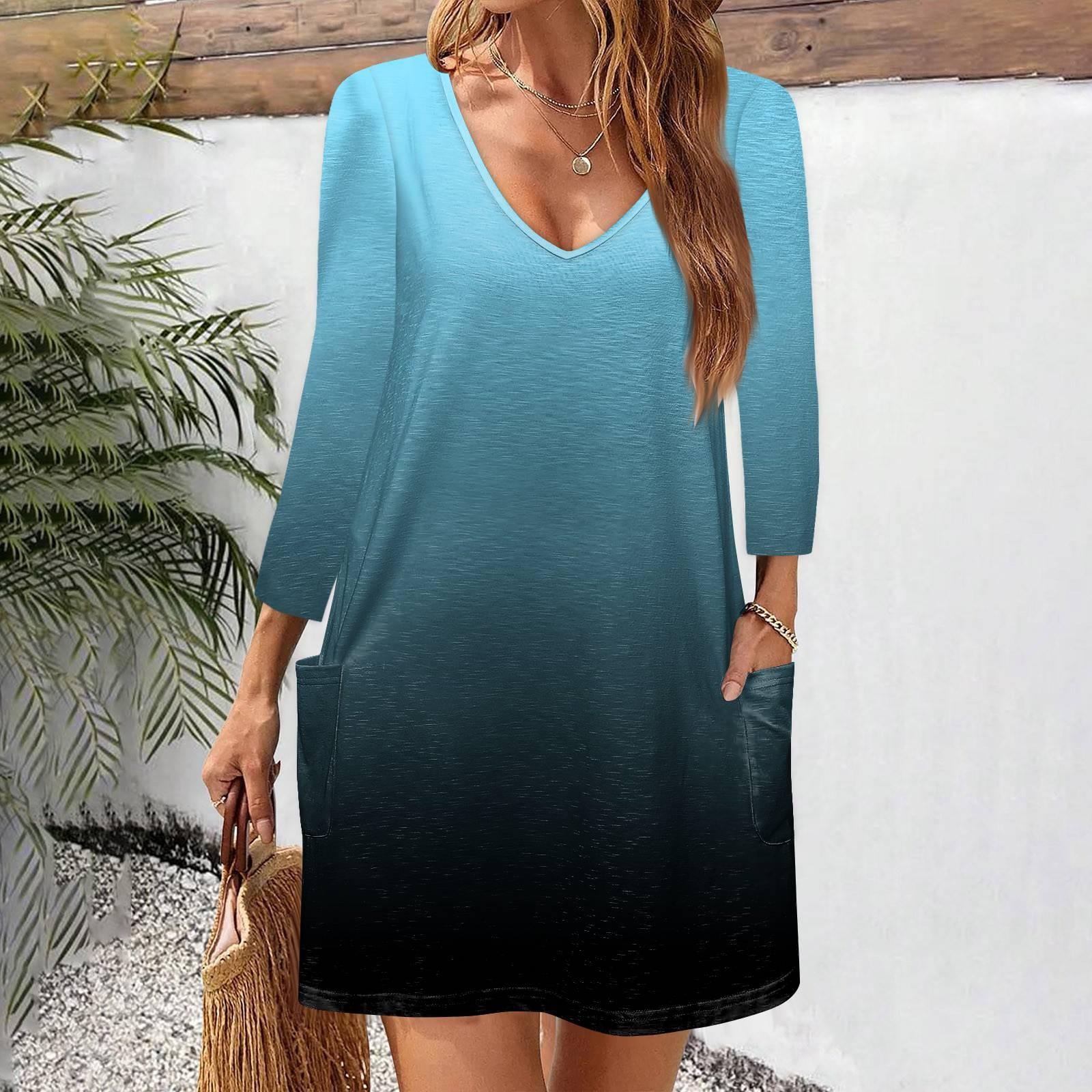 

Женское повседневное и модное свободное облегающее платье с v-образным вырезом и карманами и рукавами 3/4 XL