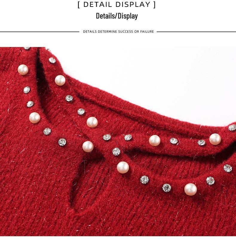 Elegant Beaded Mid-Length Knit Wool Dress for Women – Autumn/Winter 2025 Slimming Solid Base Layer.