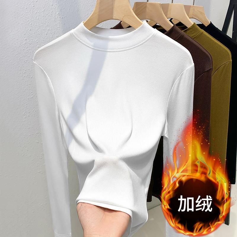 Threaded bottomed shirt women's 2025 new European women's clothing temperament stand-up collar long-sleeved t-shirt waist and elastic top