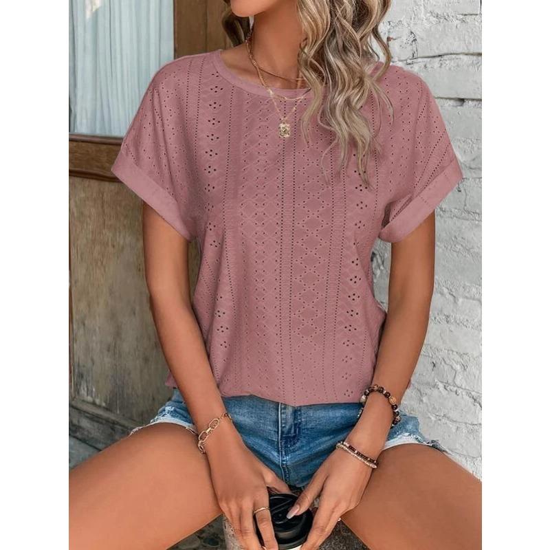 Fashion Casual Bat Short Sleeves Hollow Blouse Women O Neck Loose Summer T Shirts Female Office Tops Sweet Embroidery Solid Color Elegant Clothing