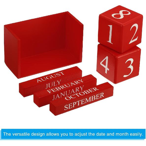 PATIKIL Vintage Wood Block Perpetual Calendar, Reble Wooden Month Date Display Blocks for Desk Office Home Decoration 6.1", Red