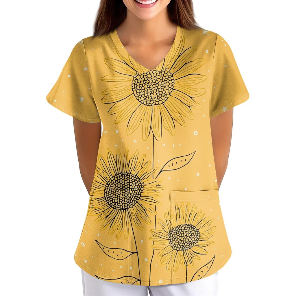 Women V Neck Printed Short Sleeve Loose Fit Scrub Top with Pockets for Nurses Caregivers Work Uniform Shirt