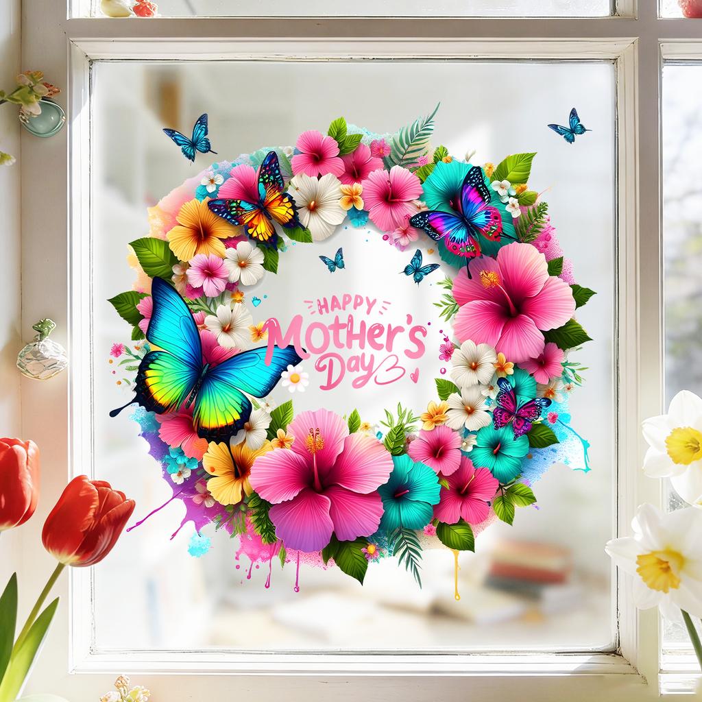 Mother's Day Floral Wreath Static Cling Window Sticker Removable Self-Adhesive for Living Room Bedroom Hallway Balcony Store PVC Glass Decor Art