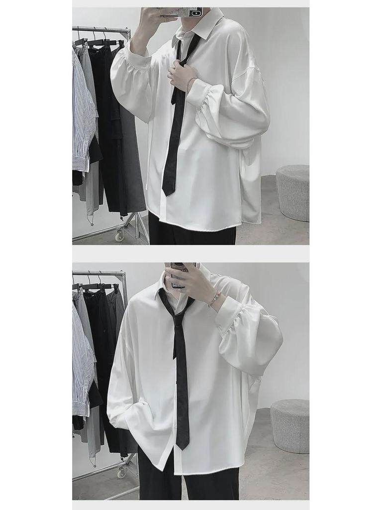 Men's Loose Fit Korean Style Pleated Cuff Shirt with Long Sleeves - Spring/Autumn Fashion.