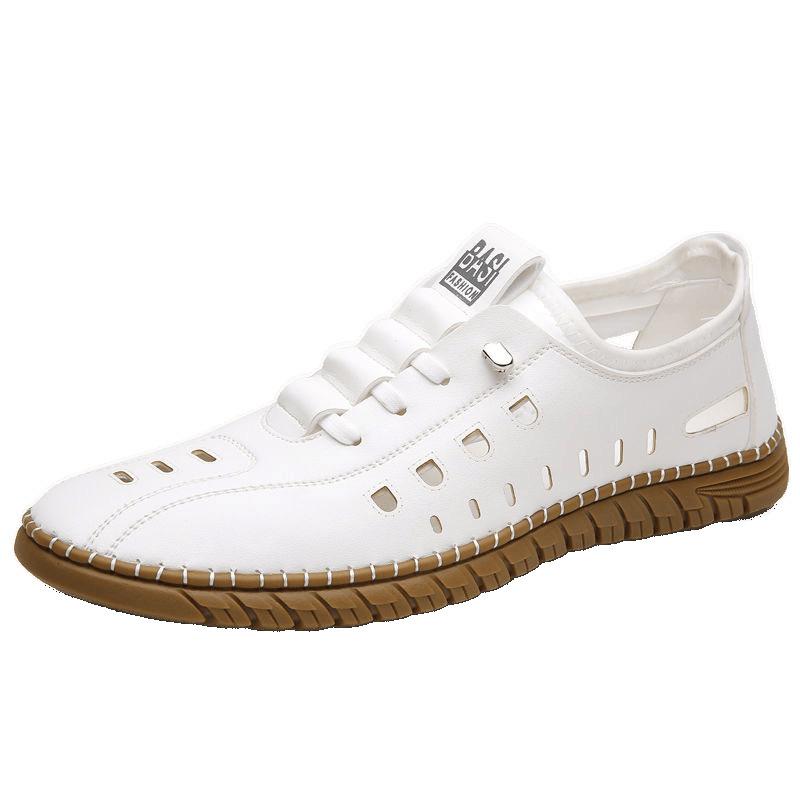 Hollow casual leather shoes men's breathable mesh hole shoes one pedal flat shoes