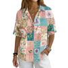 Damen Vintage Blumenmuster Polohemd Knopfleiste Kurzarm Lockerer Schnitt Lässiges Oberteil aus Baumwoll-Leinen-Stoff