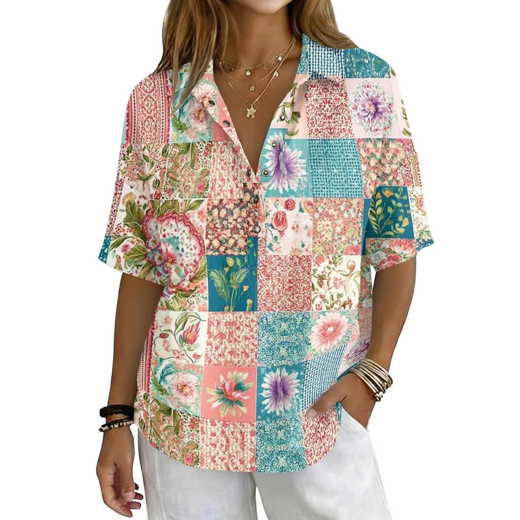 Damen Vintage Blumenmuster Polohemd Knopfleiste Kurzarm Lockerer Schnitt Lässiges Oberteil aus Baumwoll-Leinen-Stoff