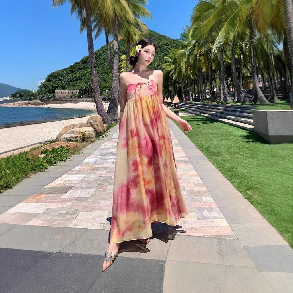 Spot year's new holiday style new Chinese style national style smudged seaside holiday suspender loose and thin dress