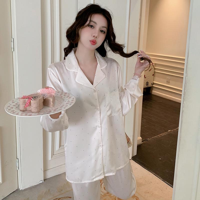 

Women s Fashion Lace Polka Dot Long Sleeve Pajama Set Extra Large