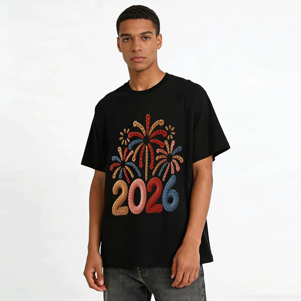 2026 New Year Limited Rope Knot Firework Print Casual Top Pure cotton T-shirt