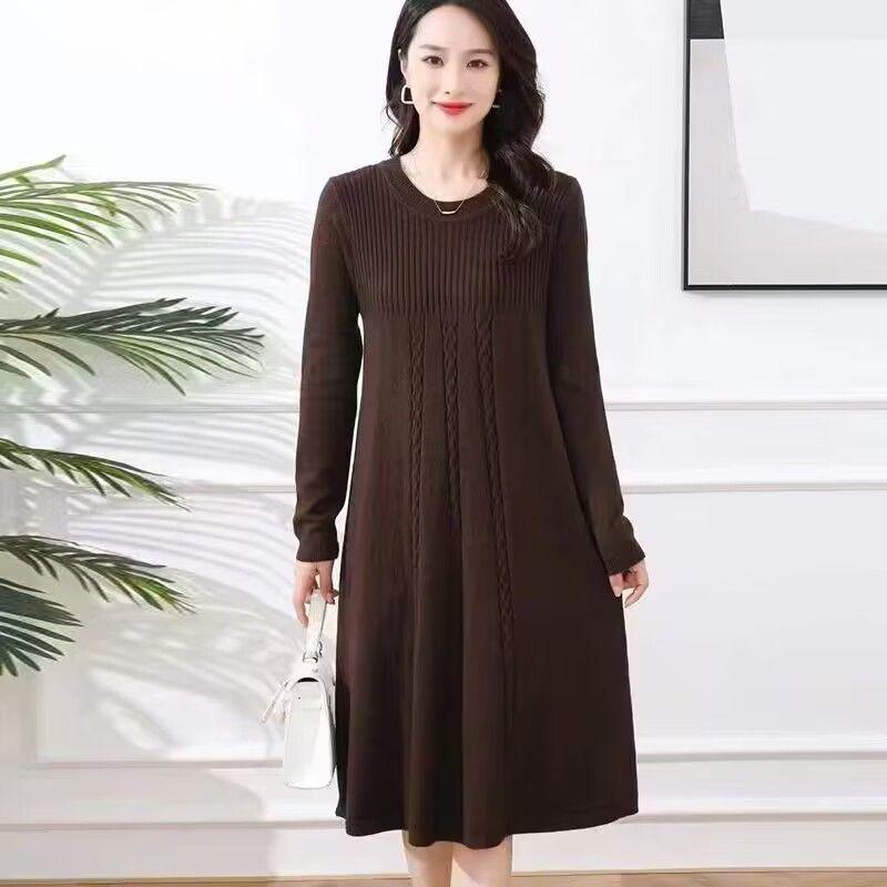 Korean Style Medium-Long Knit Dress for Spring/Autumn - Concealing Mother's Base Layer Wool Dress