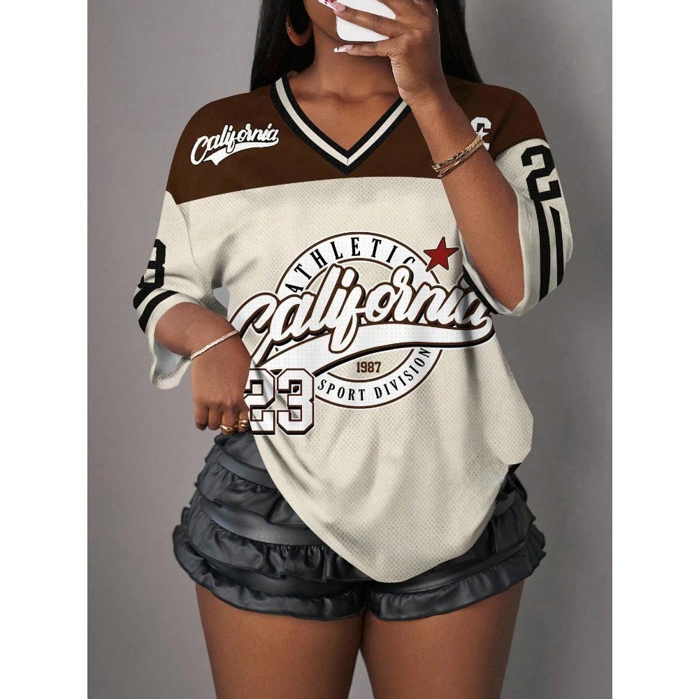 Moda Casual Europea e Americana da Donna, T-shirt alla Moda con Scollo a V a Maniche Corte N.23, Top Sportivo Largo, Traspirante e Confortevole