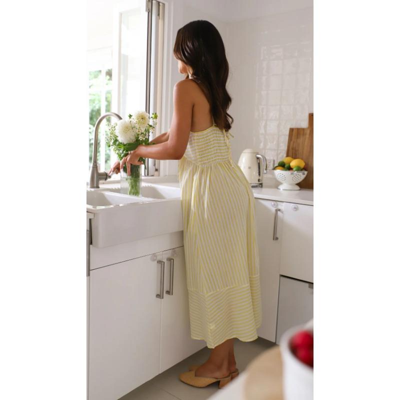 VEZFAA Women's Fashion Summer Spring Stripe Print Sleeveless Suspenders High Waist Casual Dresses