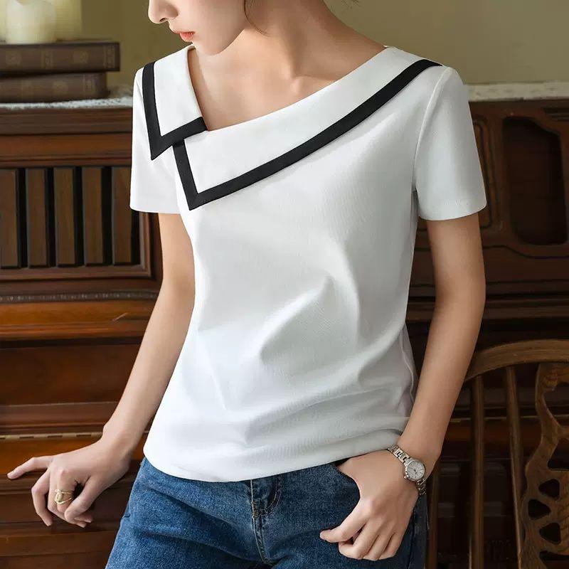 

Французская Высокая Мода Нишевый Дизайн Черно-Белая Панельная Футболка с Диагональным Вырезом и Короткими Рукавами Женская Лоскутная Мода Приталенный Топ S белый