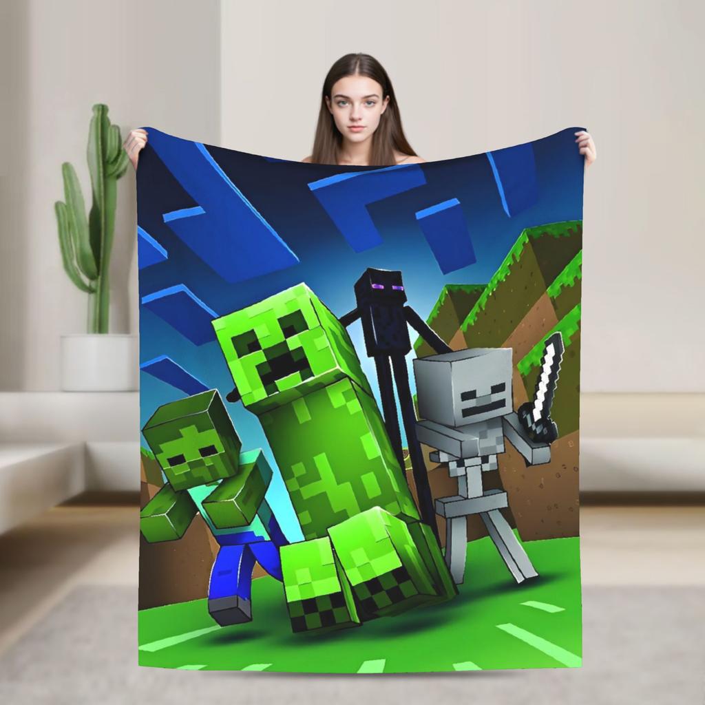 Super Soft Plush Bedding Throws Cartoon Mines Pixels Game  Blankets  For Couch Bed Camping Flannel Bedspread Bed Cover
