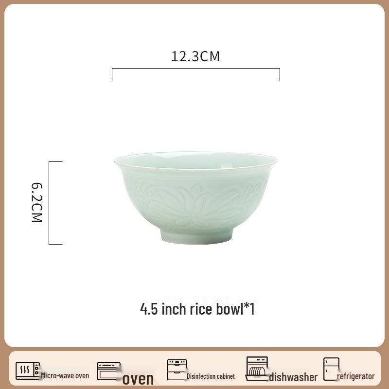 Jingdezhen Song Celadon Qingbai Porcelain Tableware Set: High-End Ceramic Bowls and Plates. Engraved Lotus Design