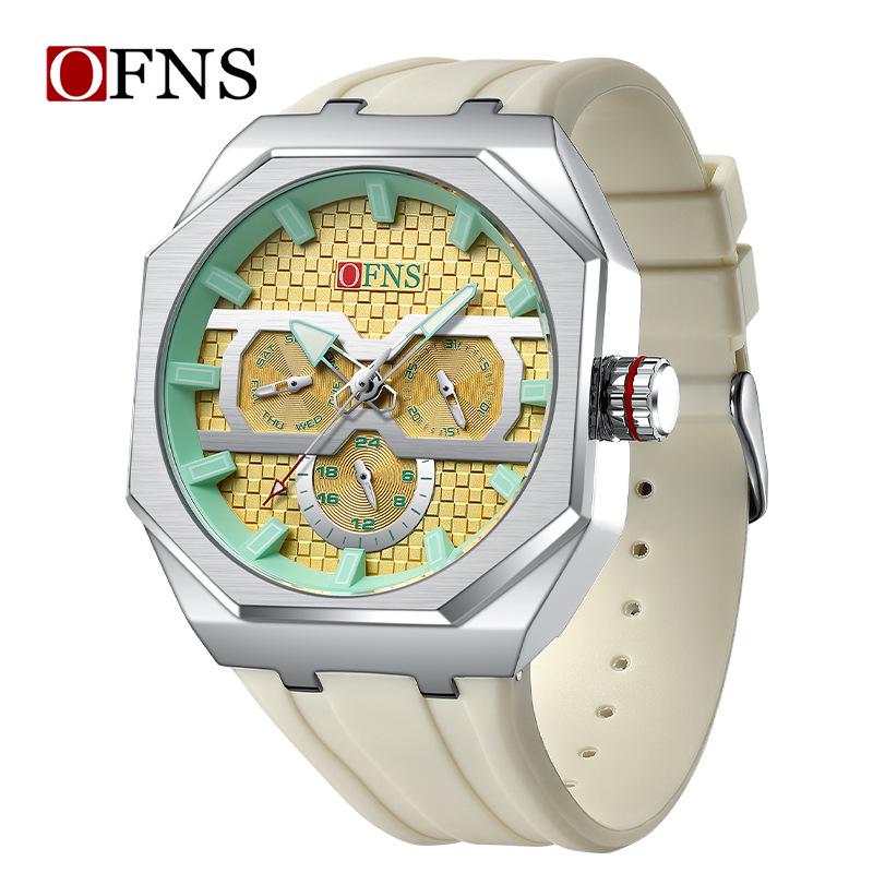 OFNS Men s Waterproof Octagonal Quartz Wristwatch with Large Dial & Three-Eye Six-Hand Design бежевый