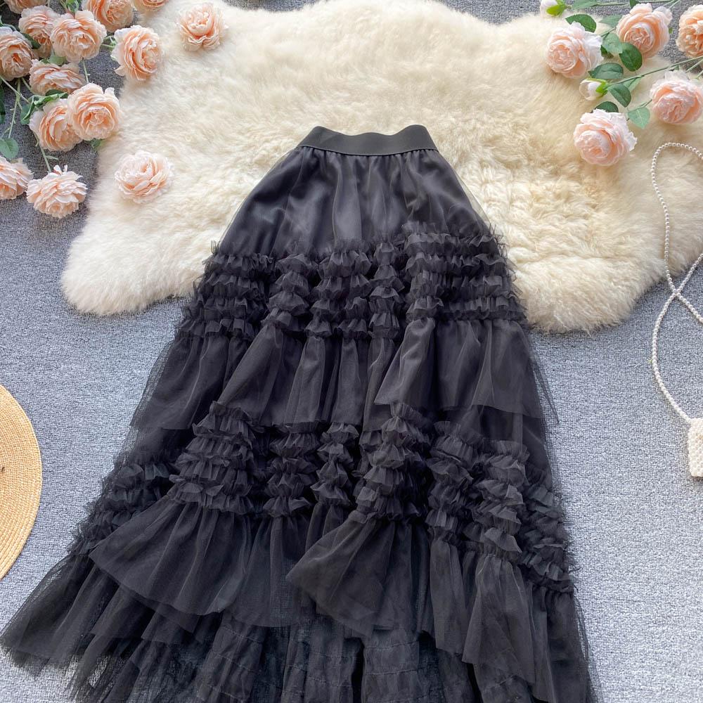 Gerüschter Feen-Temperament-Rock Frühling und Sommer Dünn und Lang Hohe Taille A-Linienform Mesh Unregelmäßiger Kuchenrock