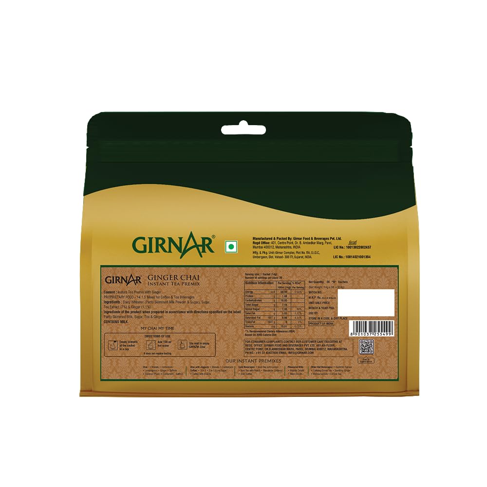 Girnar Sachets de Prémélange pour Thé au Gingembre Instantané Pack de 36 Boisson Chaude Rapide Chai Saveur Riche Préparation Facile Aromatique
