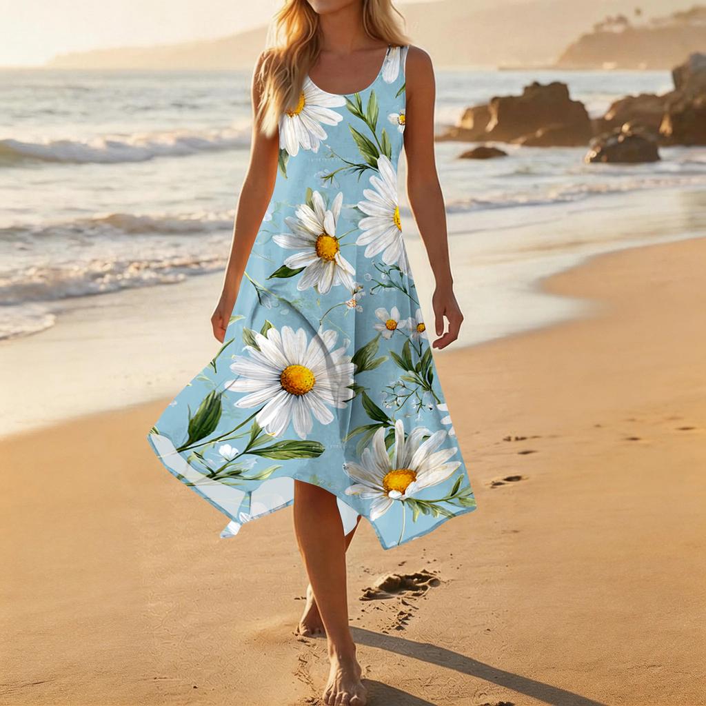 Women's Casual Fashion Round Neck Sleeveless Floral Print Midi Dress with Irregular Hem