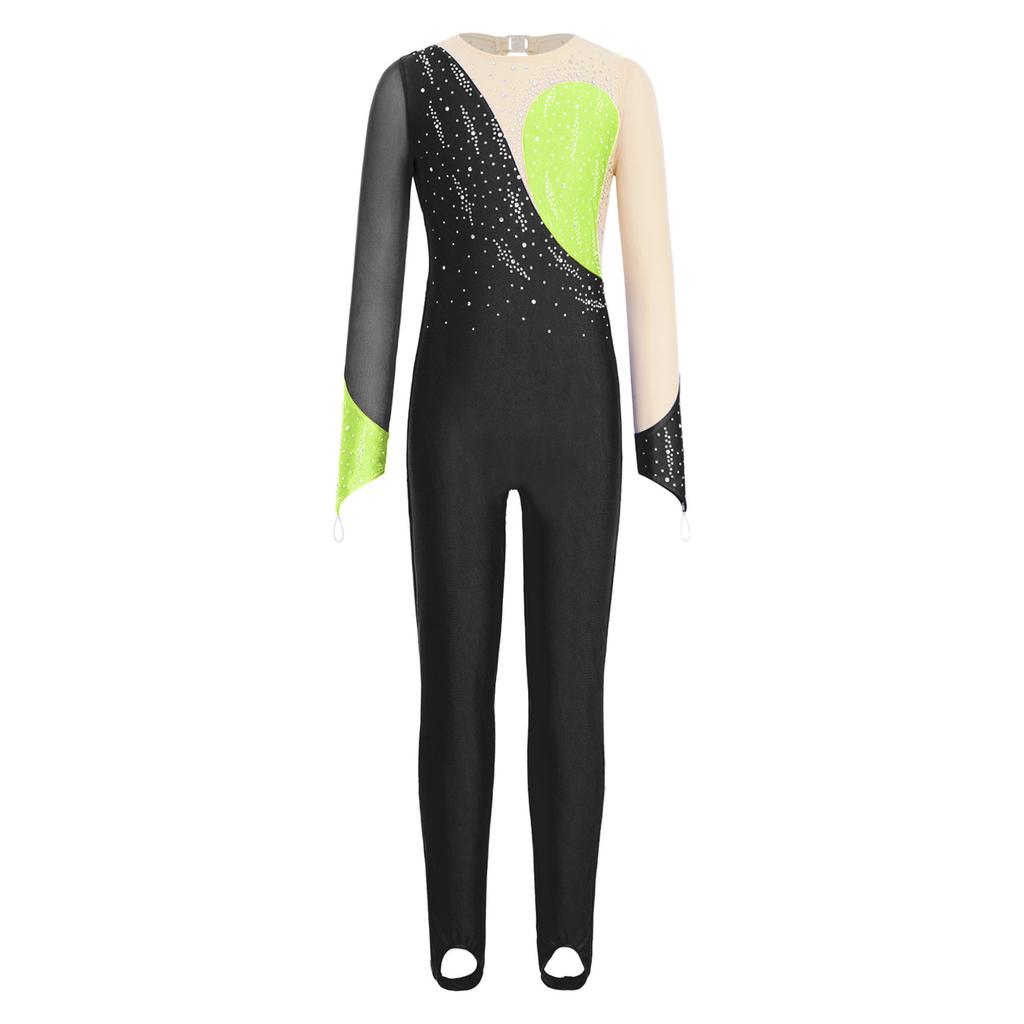 Girls Long Sleeve Finger Holes Keyhole Back Shiny Rhinestones Stirrup Bodysuit Gymnastics Dance Jumpsuit