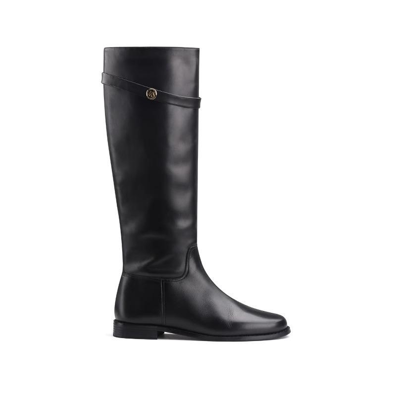 Cowhide Version Retro Small Gold Buckle Leather Platform Boots Women's Belt Buckle Thick Heel Knight Boots Tall Boots Long Boots