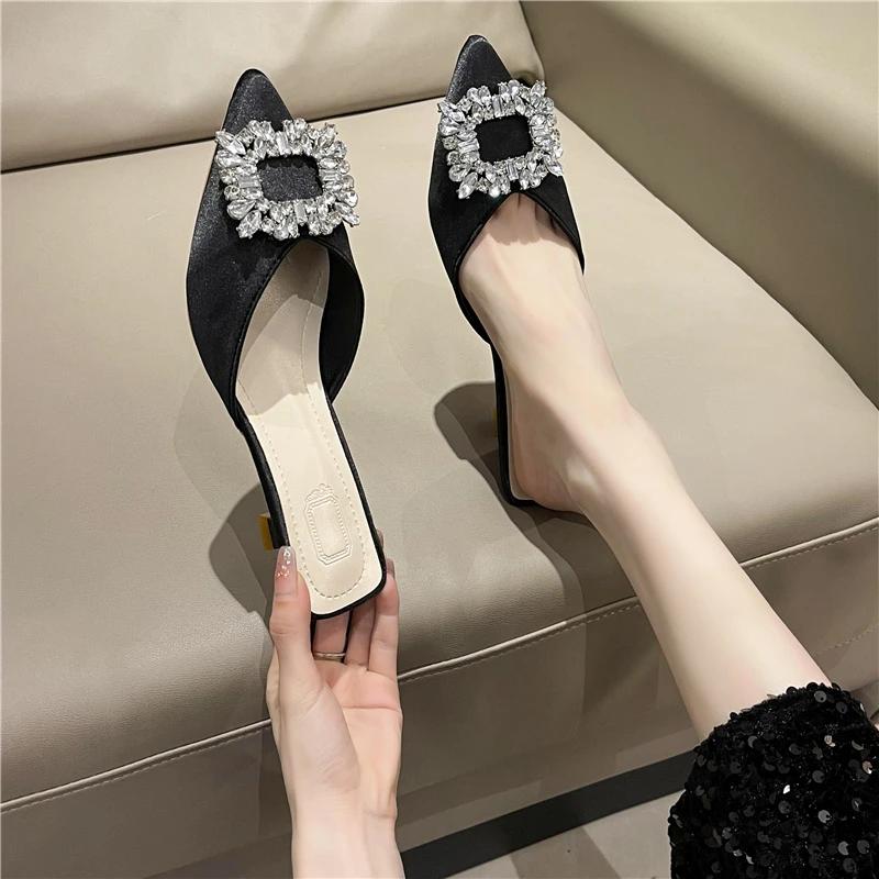 Pantofi noi pentru femei Muli noi Pantofi cu toc înalt pentru femei Mocasini de modă pentru nuntă Femei Sandale cu strasuri cu vârf ascuțit Doamnelor Zapatos Mujer