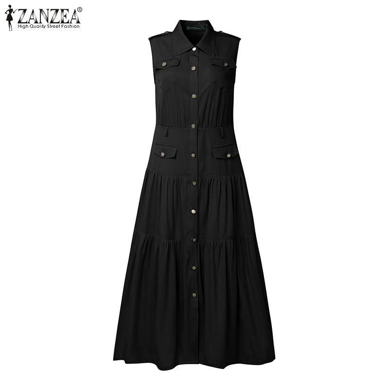 

ZANZEA Женское элегантное повседневное платье без рукавов с лацканами, на пуговицах, плиссированное, длинное L чёрный